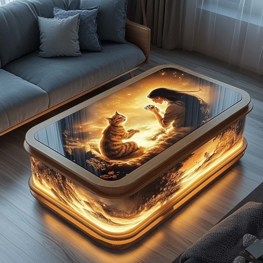An artistic coffee table depicting a celestial scene with a woman and a cat, illuminated with golden lighting.