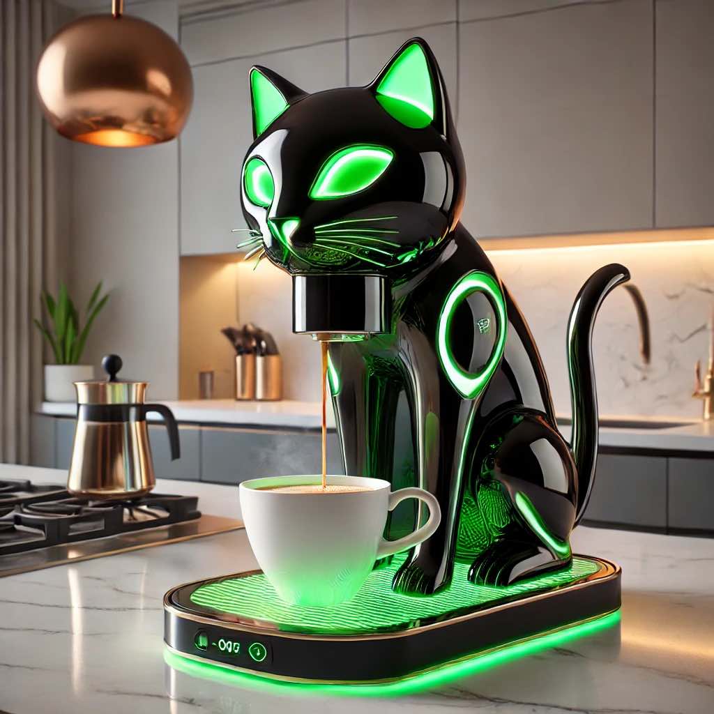 A futuristic black and green cat coffee machine with neon green accents, pouring espresso into a cup