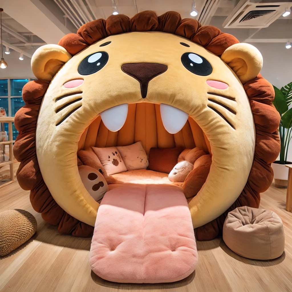 Animal-Themed Beds: Warm-toned lion-shaped bed with a plush mane and inviting open-mouthed design for cosy lounging.