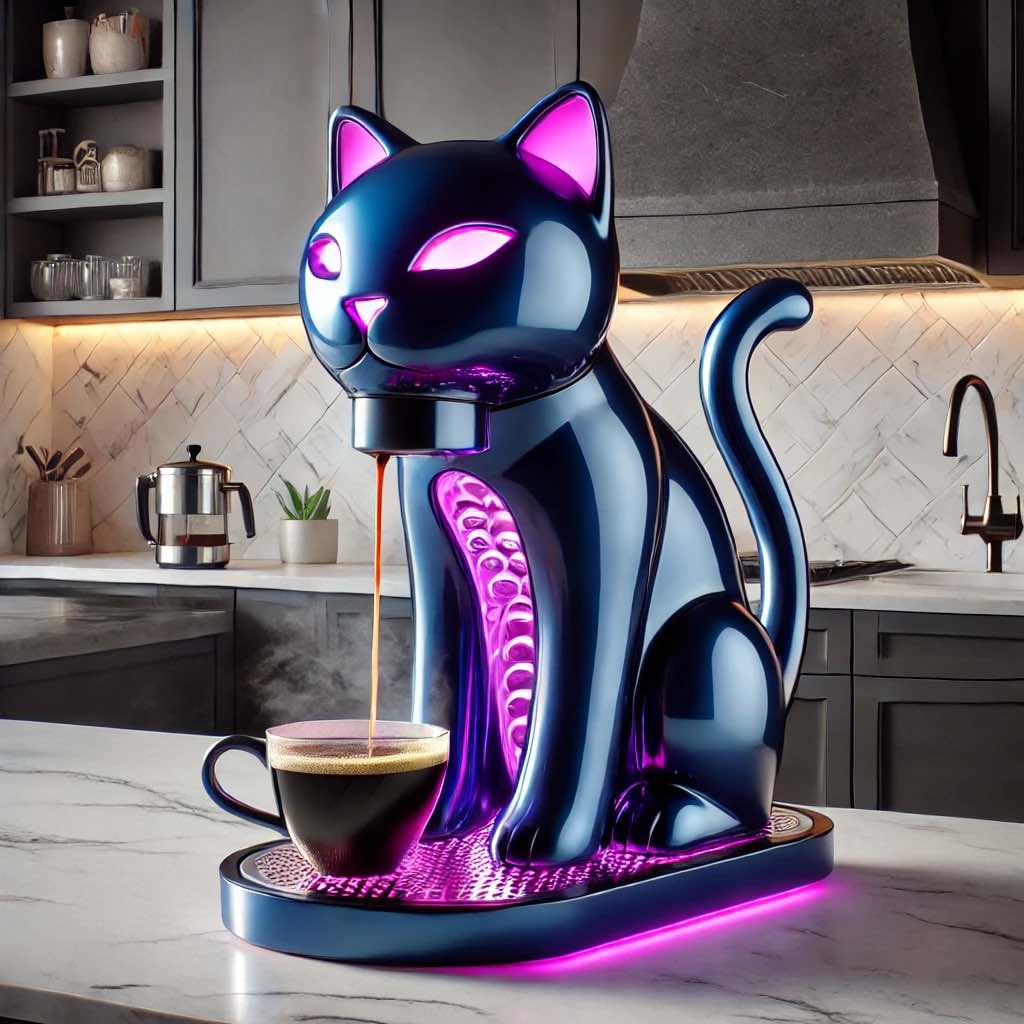 A deep navy cat-shaped coffee machine with purple neon lights brewing coffee in a modern kitchen.