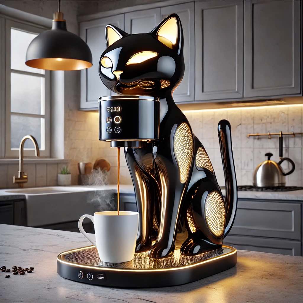 A glossy black cat coffee machine with golden LED lights and an espresso shot being brewed