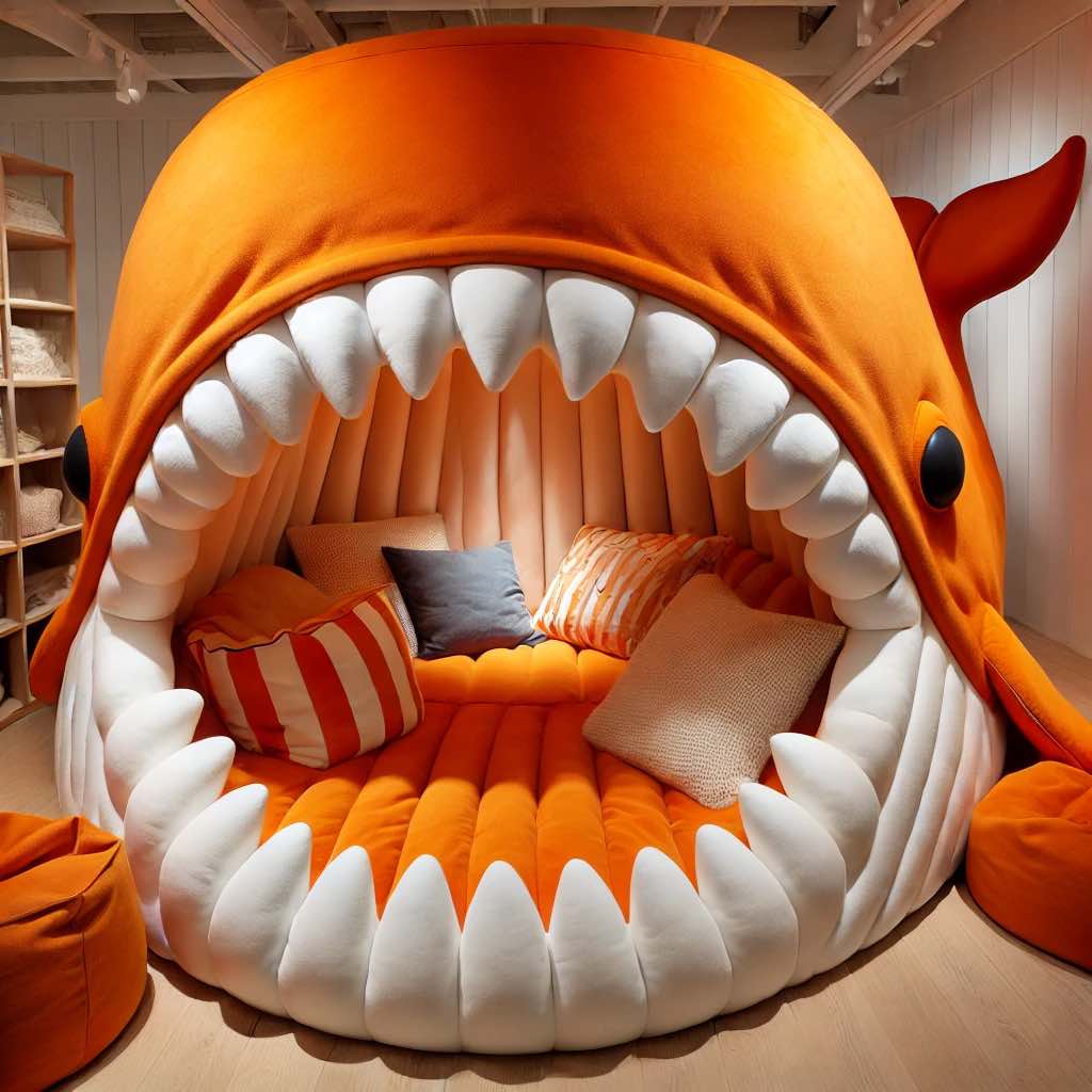 A vibrant orange whale mouth sofa with cushioned interiors and striped pillows, perfect for a fun living space.