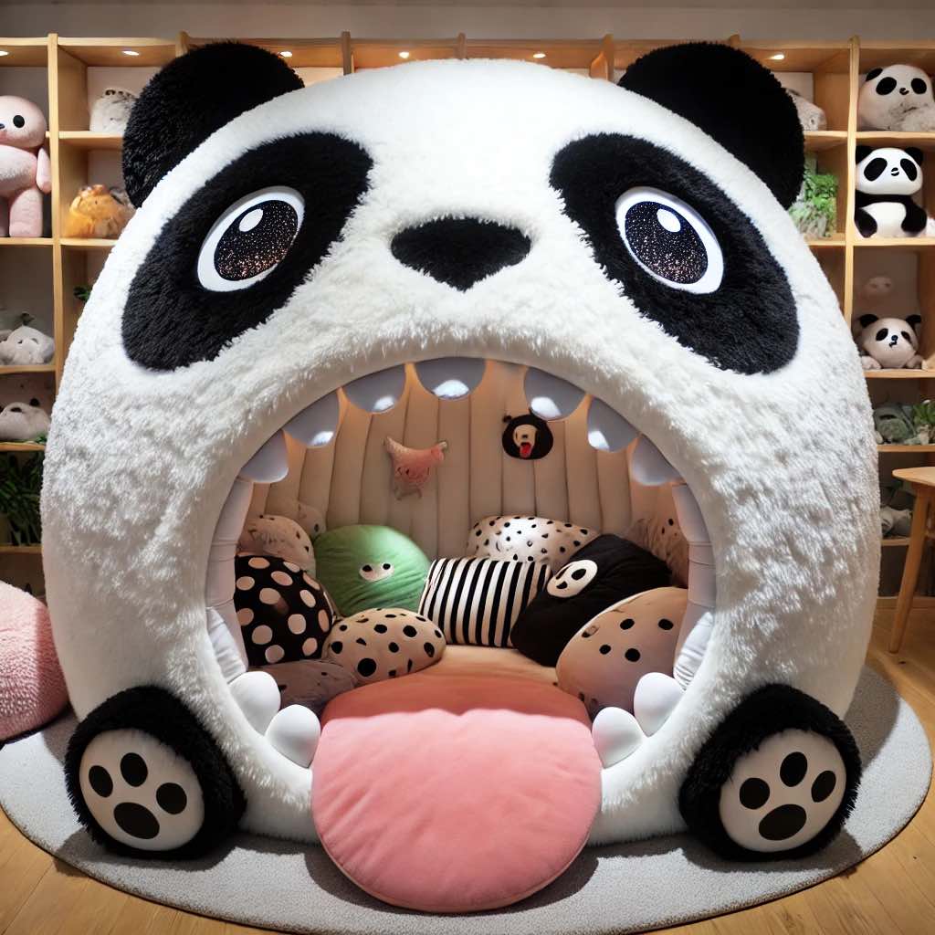 Soft and fluffy panda-shaped bed with black-and-white plush fabric, perfect for relaxation and play.