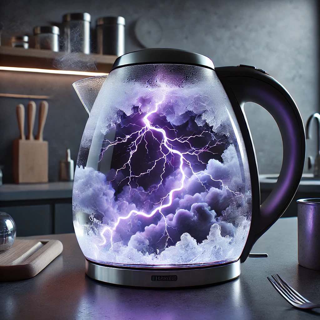 A stunning glass kettle featuring a swirling purple lightning storm effect, creating an electrifying kitchen aesthetic.