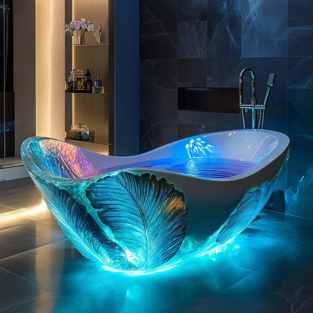 A luxurious bathtub with glass leaf patterns and blue LED illumination, set in a modern bathroom.