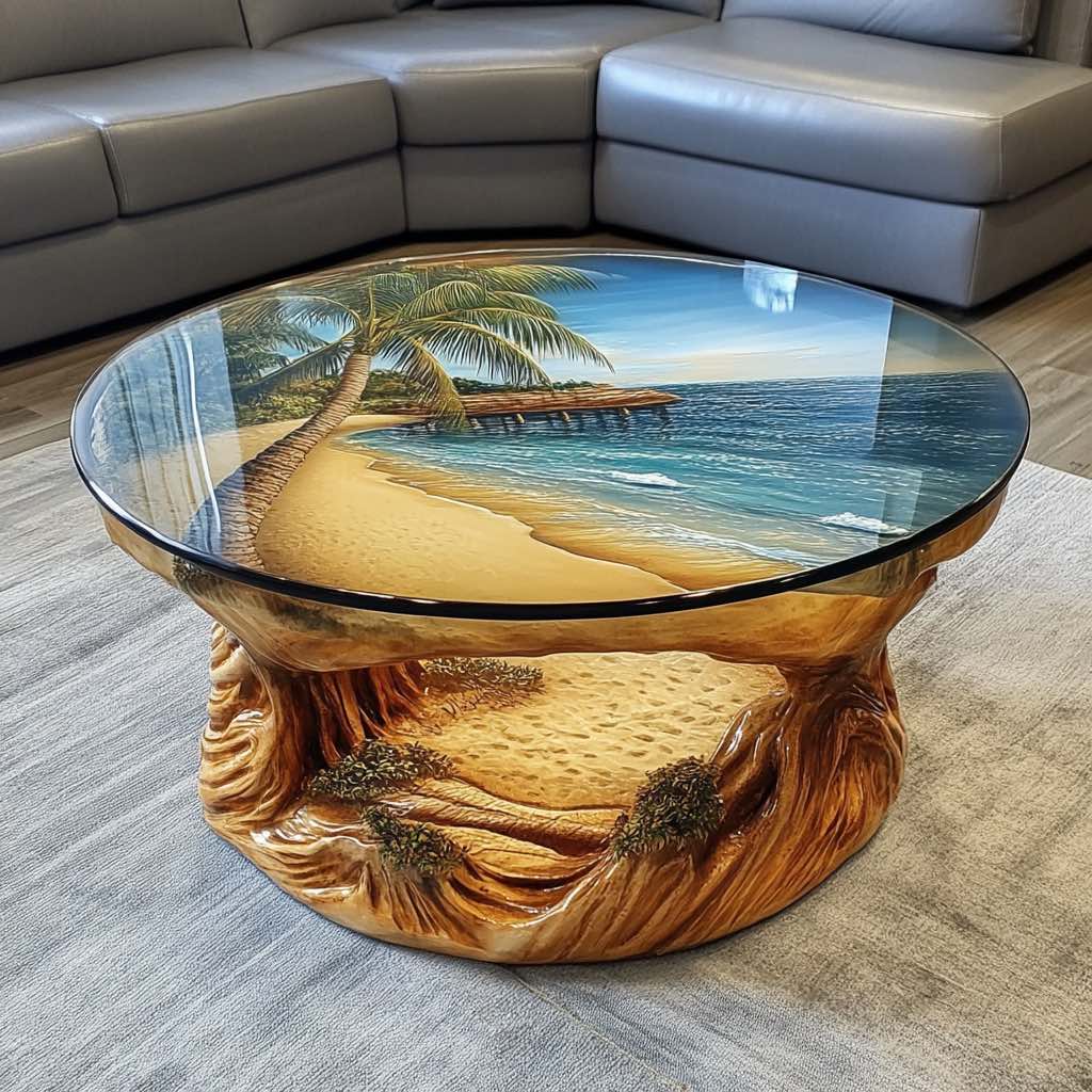 A breathtaking coffee table with an underwater ocean scene, complete with seashells, starfish, and sandy textures.