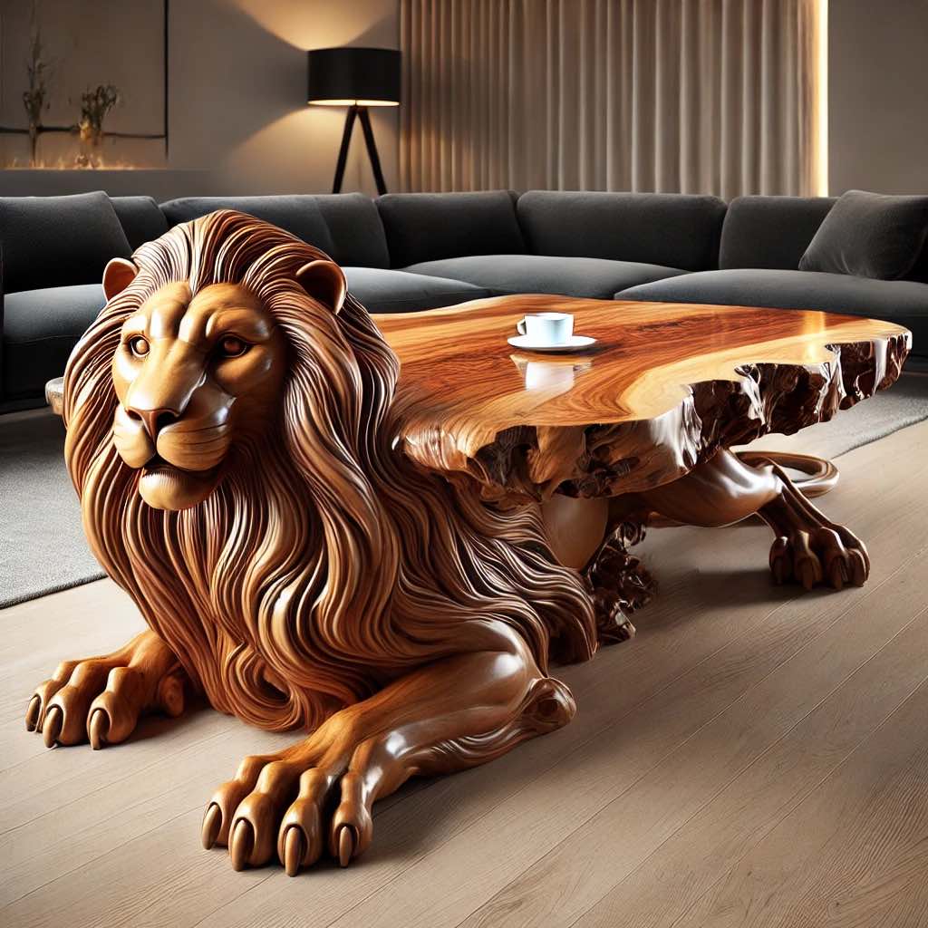 A handcrafted wooden lion coffee table with a natural wood slab top and intricate lion sculpture base.