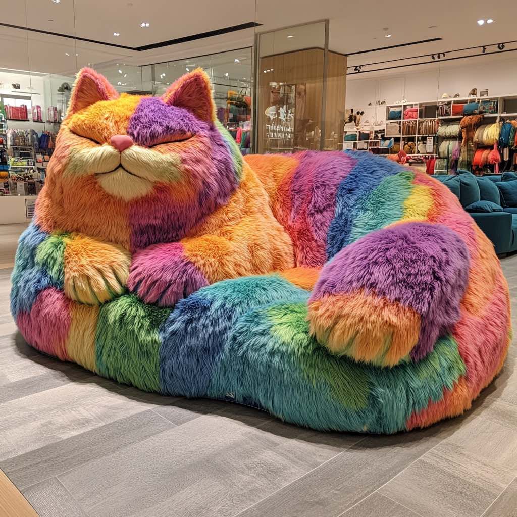 A massive, multicoloured plush cat sofa with a smiling face, perfect for adding a playful and cosy touch to any room.