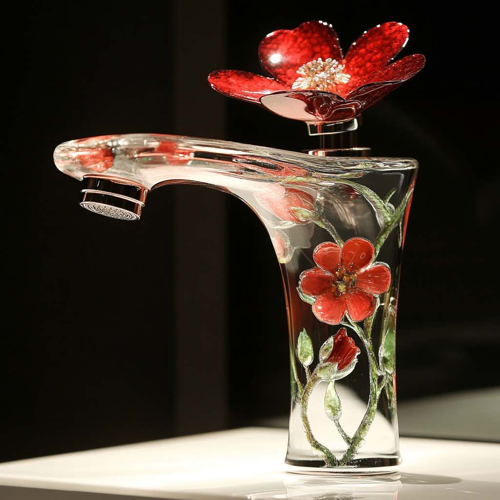  A beautifully crafted transparent glass tap with a striking red flower on top, enhancing any bathroom's aesthetic