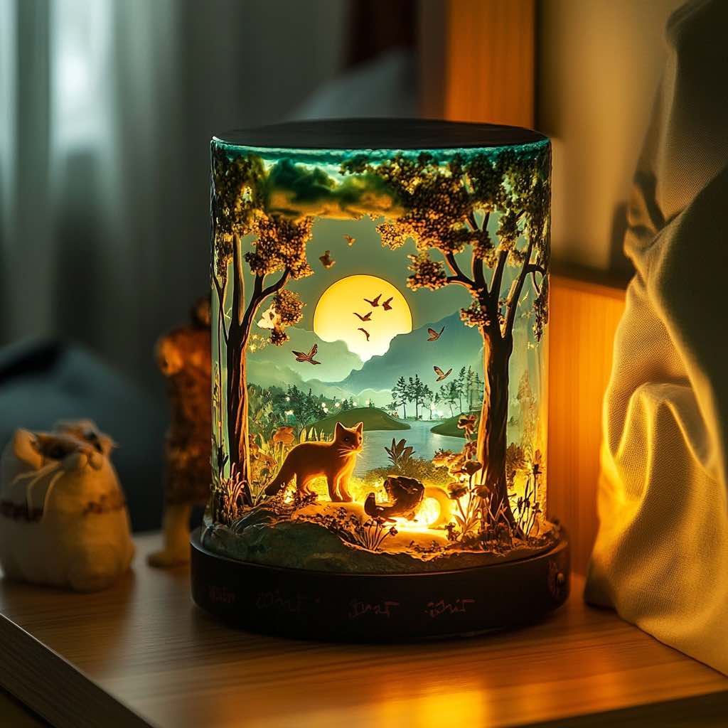 A nature-inspired cat lamp with golden hues, a cat near a lake, birds, and trees in the background.
