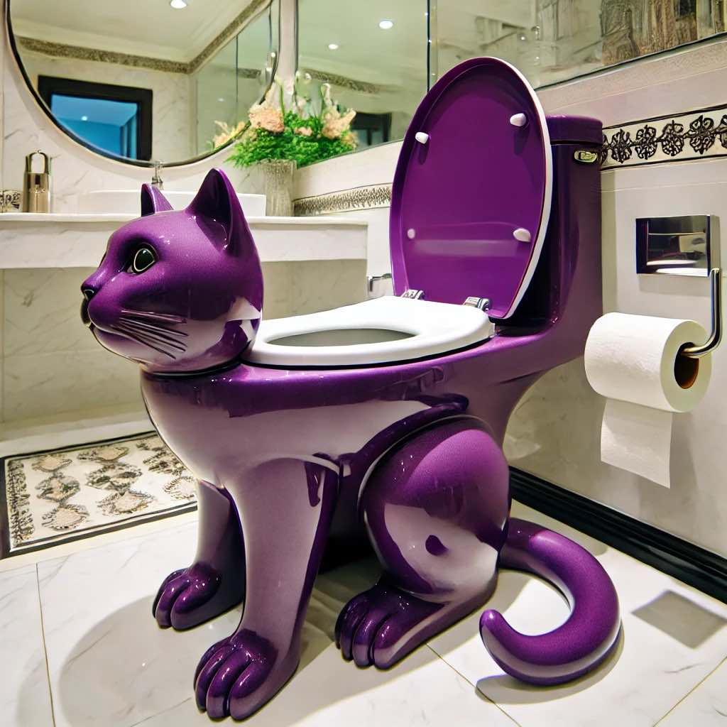 A sleek purple cat-shaped toilet with a high-gloss finish in an elegant modern bathroom.