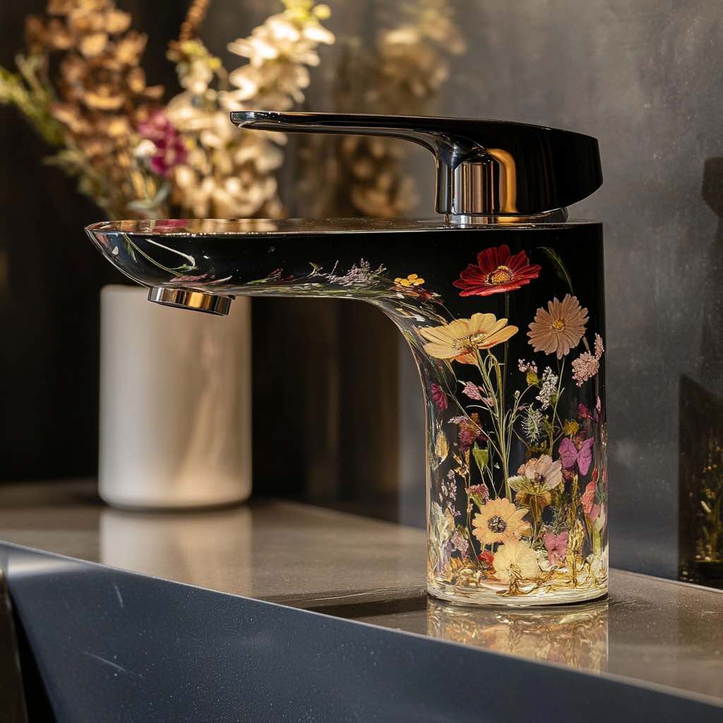 A sophisticated black glass tap featuring delicate floral designs, ideal for modern and luxurious bathroom spaces.