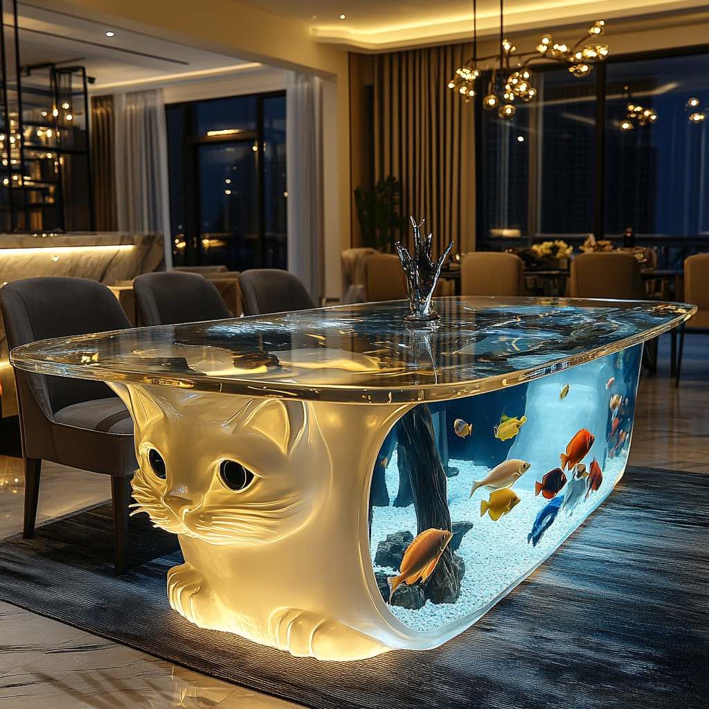 A luxury dining table featuring a sculpted cat base integrated with a glowing aquarium.