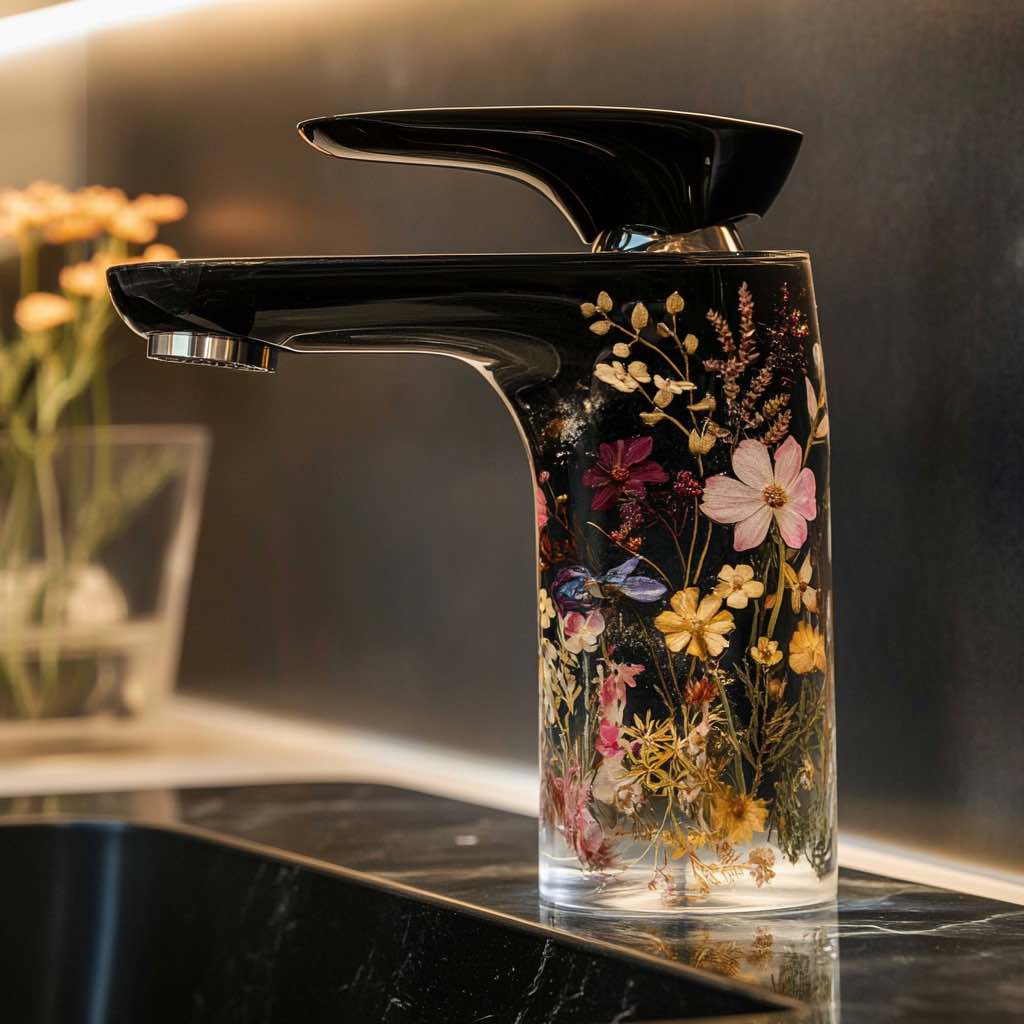  A stylish black glass faucet featuring embedded wildflowers, adding a natural yet contemporary touch to a dark-themed bathroom.