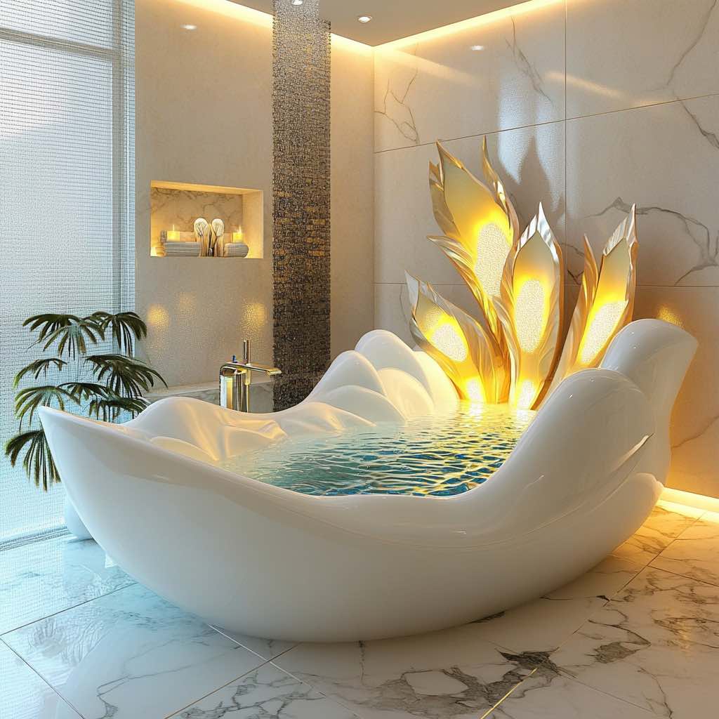 A luxurious white bathtub shaped like a blooming flower with illuminated golden petals in a marble bathroom.