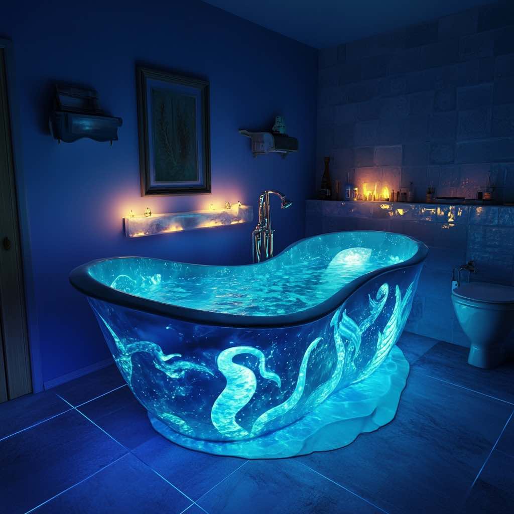 Luxurious LED Bathtubs: A dark blue bathtub featuring glowing octopus tentacles, perfect for an oceanic bathroom theme.