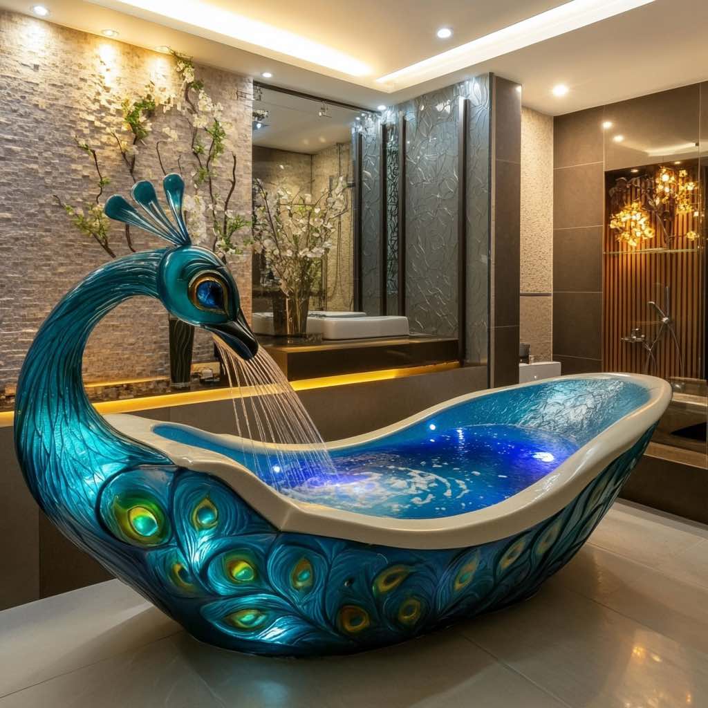 A beautifully designed peacock bathtub with glowing accents and cascading water in a stylish bathroom.