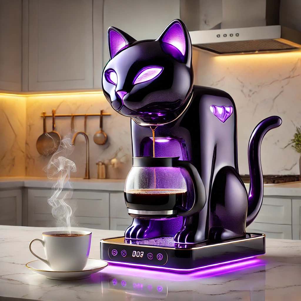A purple neon-lit cat-shaped coffee maker brewing drip coffee into a glass carafe.