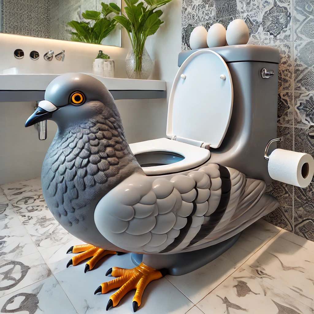 A realistic pigeon-shaped toilet with intricate feather detailing, bright orange claw feet, and egg-shaped decor in a stylish bathroom.