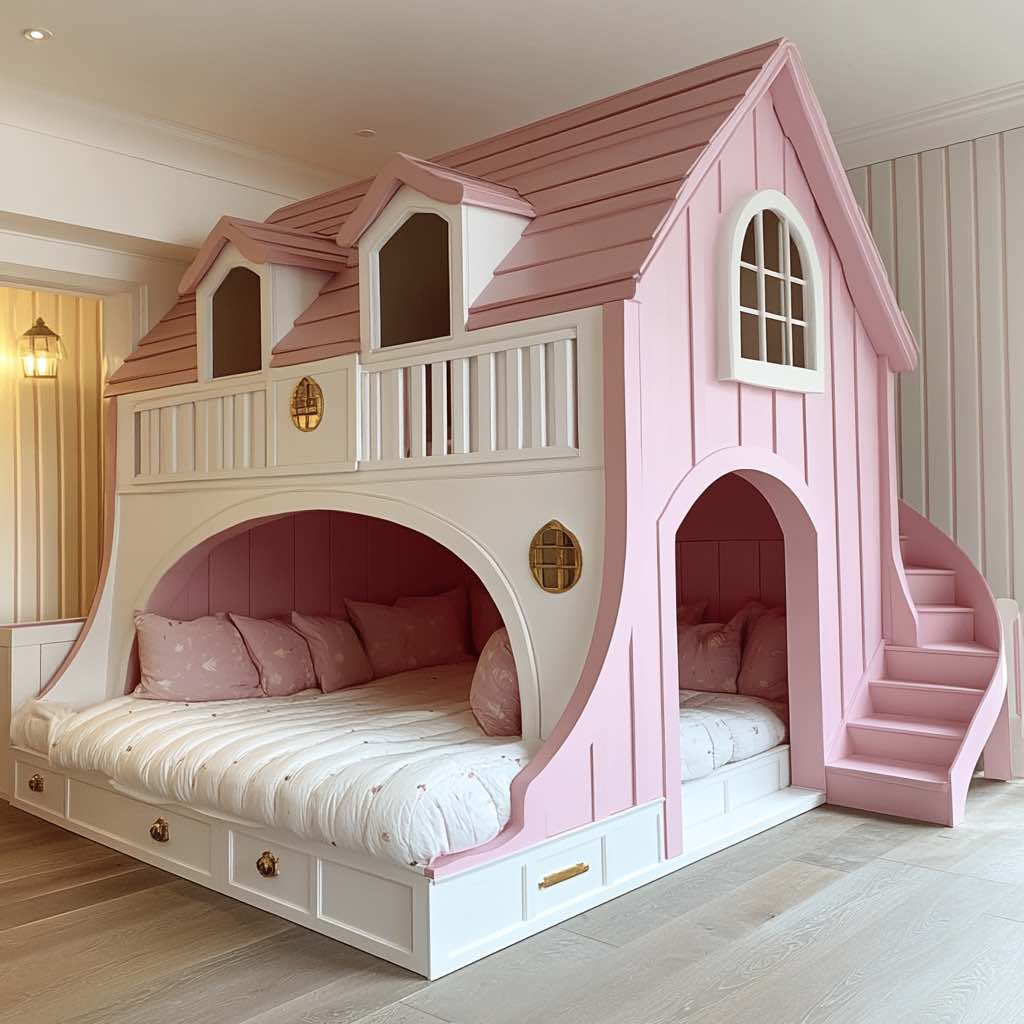 A soft pink and white bunk bed with storage drawers, arched doorways, and a cosy sleeping space.