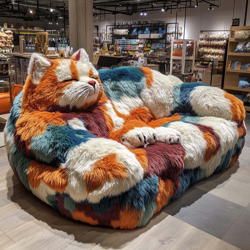 A giant calico-patterned plush cat sofa displayed in a modern furniture store, showcasing its cosy and inviting design.