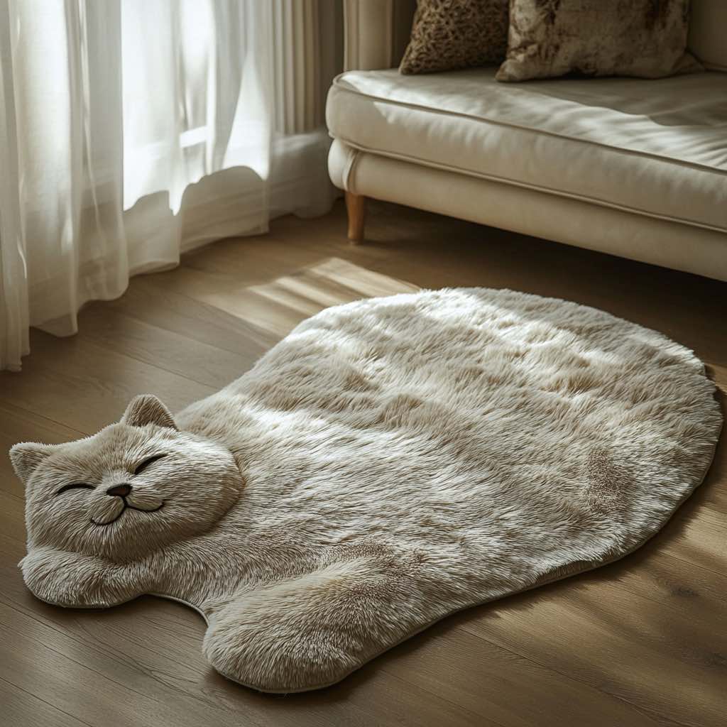 A fluffy white cat rug with a smiling expression, positioned in a bright and airy living space.