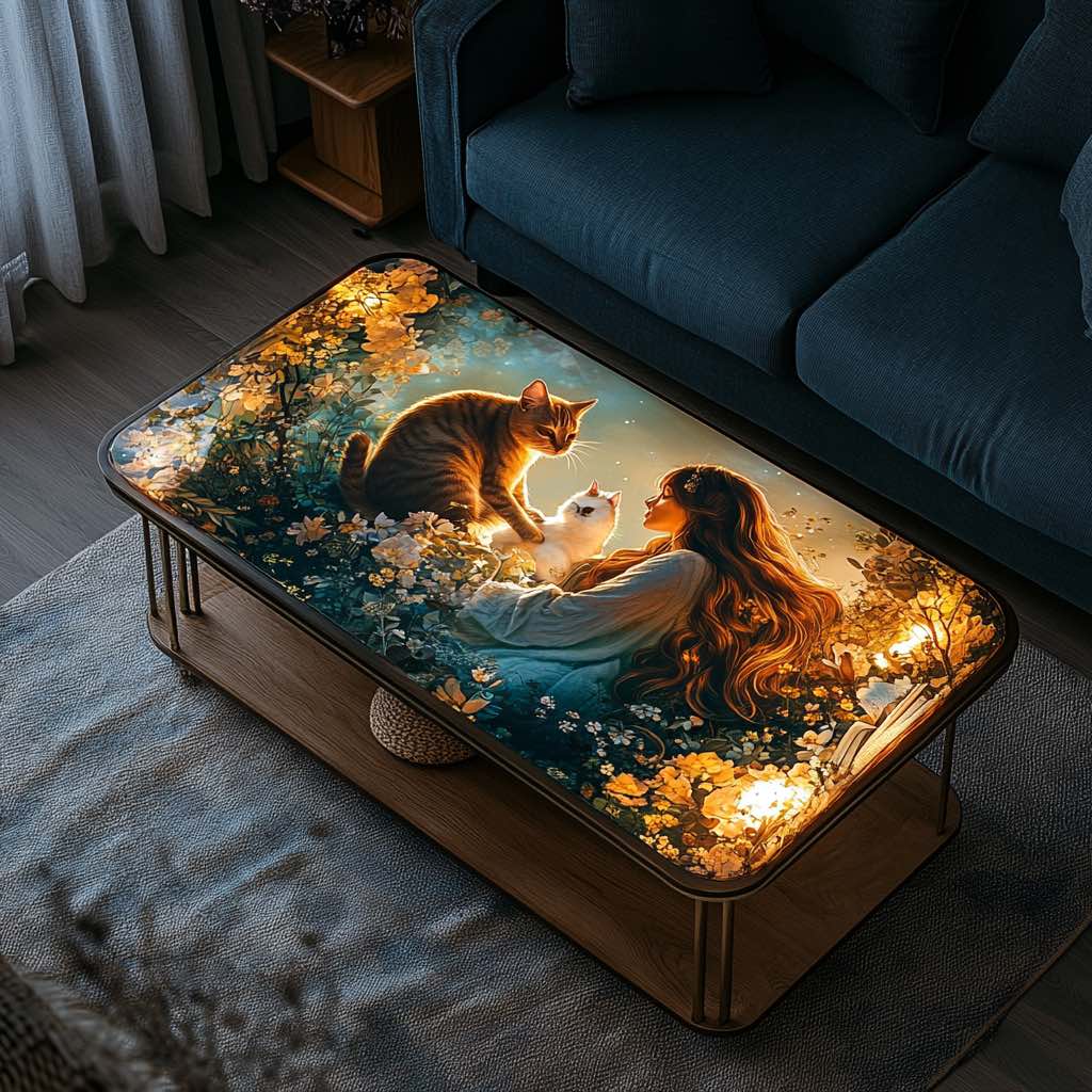 A stunning illuminated coffee table featuring a woman with flowing hair and two cats in a golden floral garden