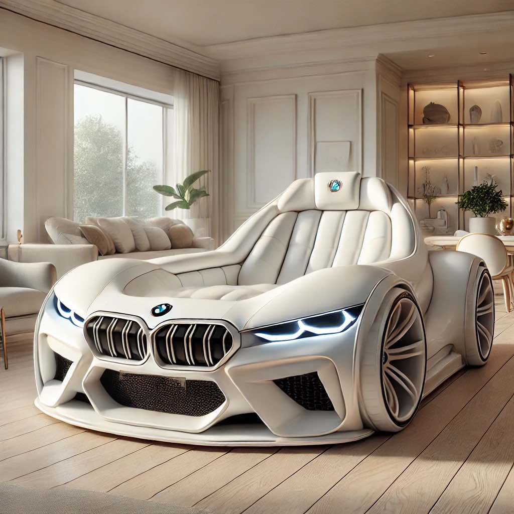A stunning white leather BMW-inspired car sofa in a bright and modern living space.