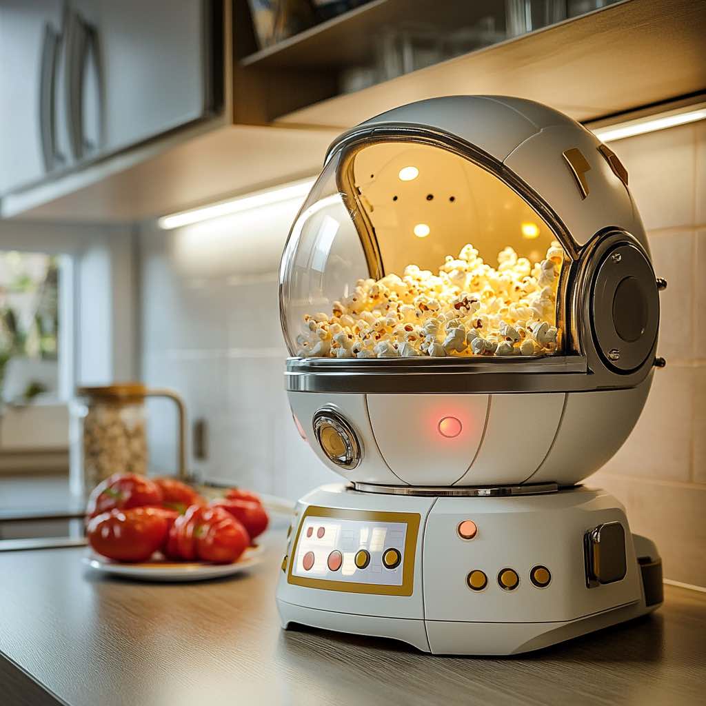A space capsule-inspired popcorn machine with a clear dome, glowing lights, and a digital control panel in a modern kitchen setting
