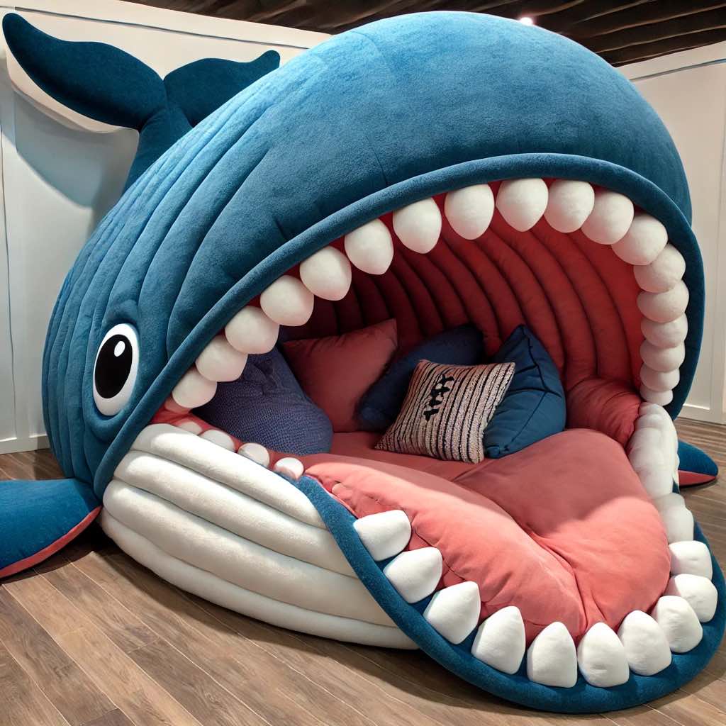 A blue whale mouth sofa with soft pink cushions, creating a dreamy and tranquil seating area.