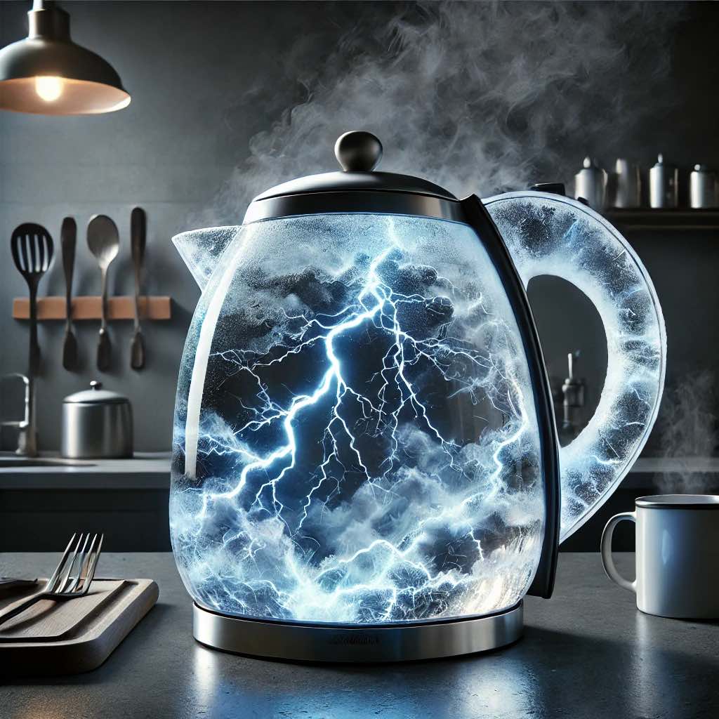 A glass electric kettle with a vibrant blue lightning storm effect inside, sitting on a modern kitchen counter.