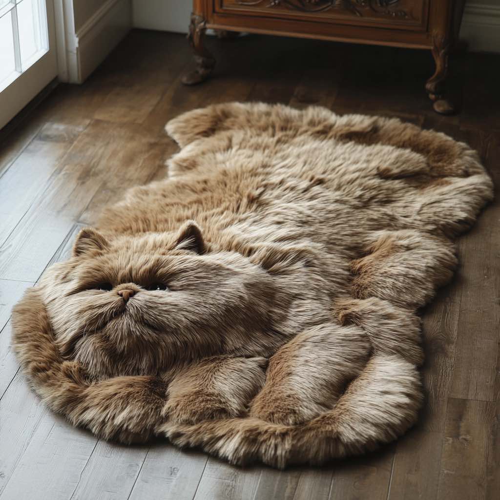 A lifelike brown Persian cat-shaped rug placed on a wooden floor, appearing soft and plush.