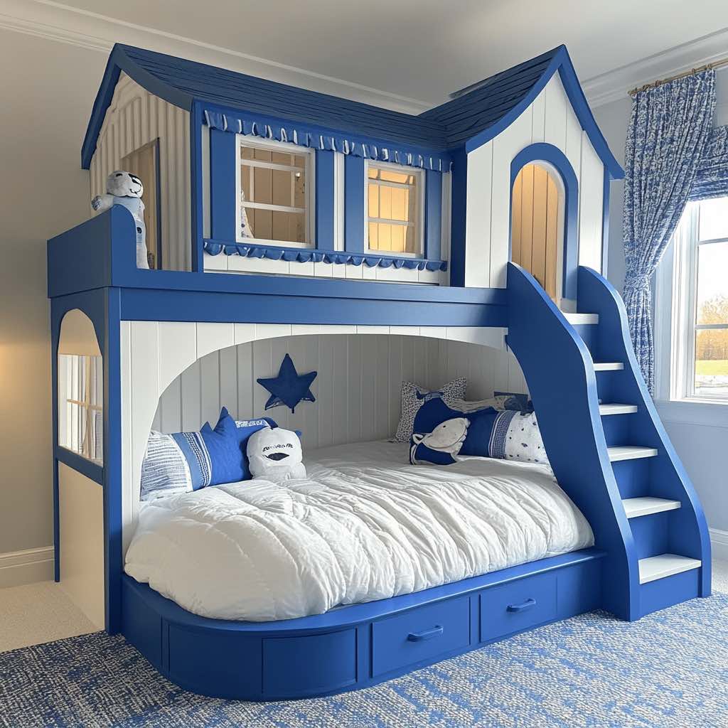 A bold blue and white bunk bed with nautical-inspired details, windows, and built-in storage.