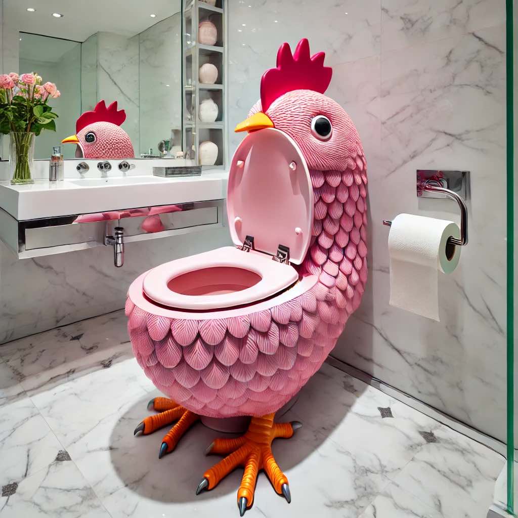 A pink chicken-themed toilet with feather detailing and clawed feet, set in a marble-tiled bathroom.