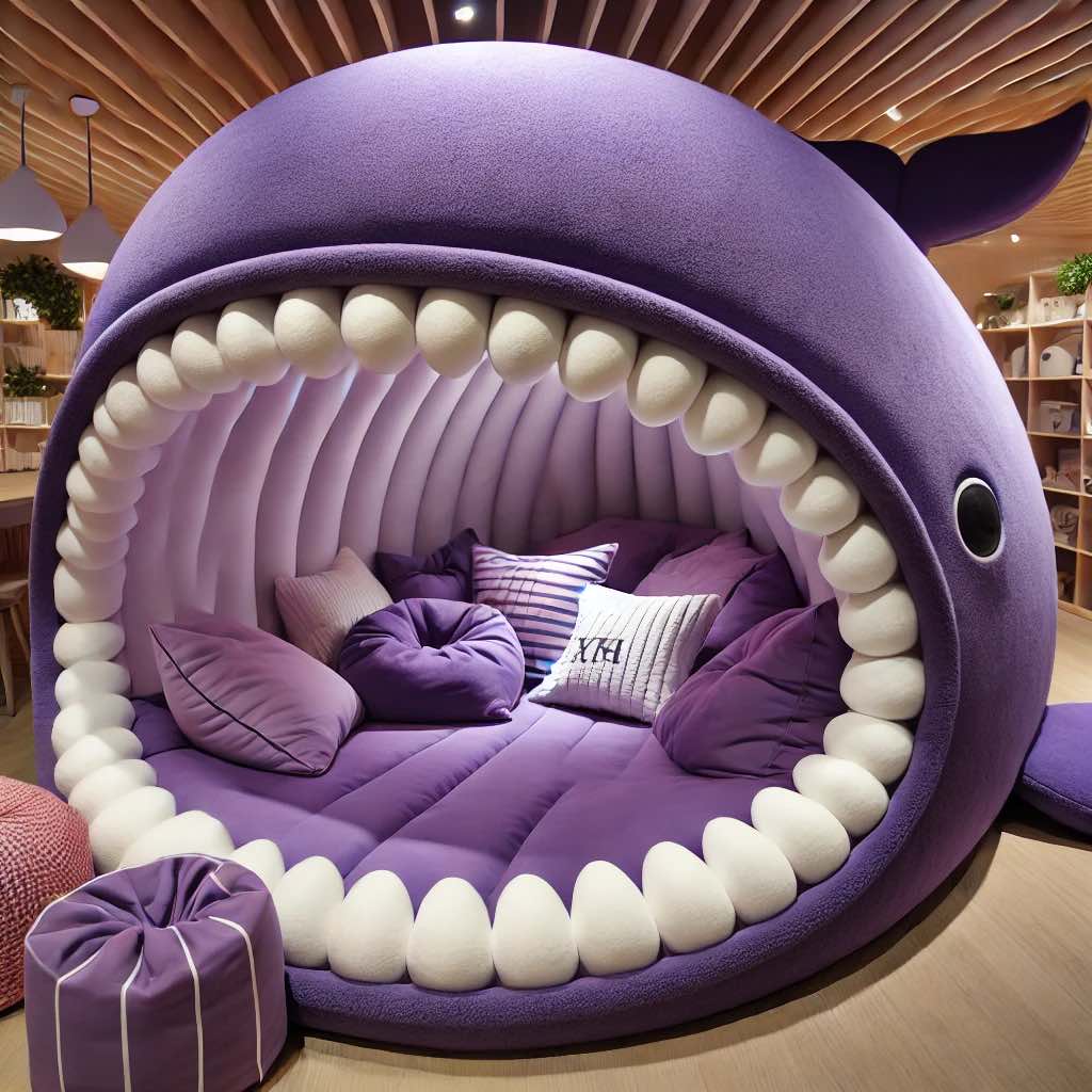 A luxurious purple whale mouth sofa with plush interiors, ideal for a cosy reading or relaxation nook