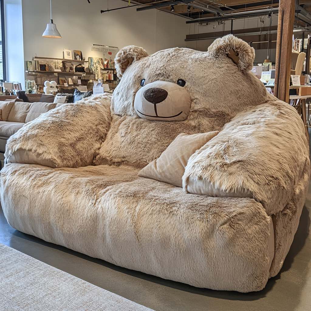 A grey teddy bear-shaped sofa in a cosy, modern interior with a warm and inviting aesthetic.
