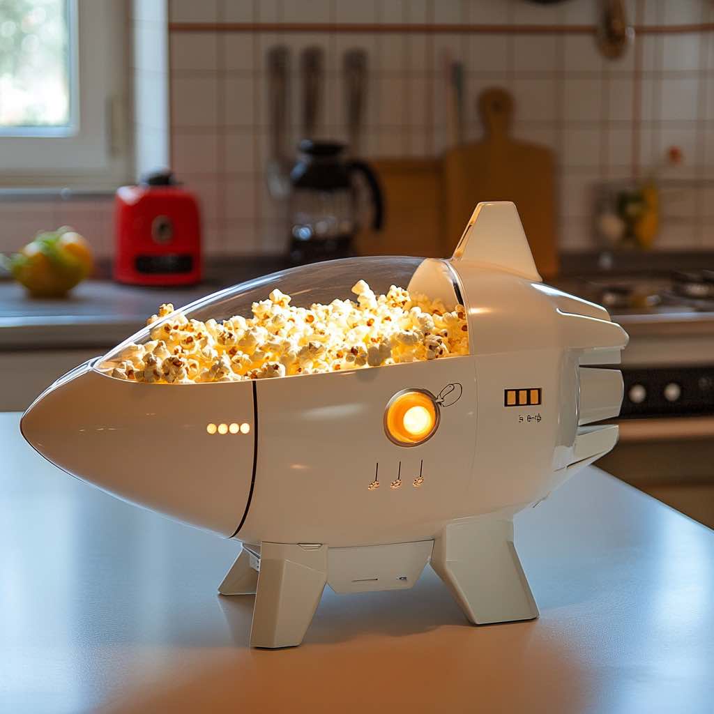 A sleek white and red rocket ship popcorn maker producing fluffy popcorn, sitting stylishly on a kitchen countertop