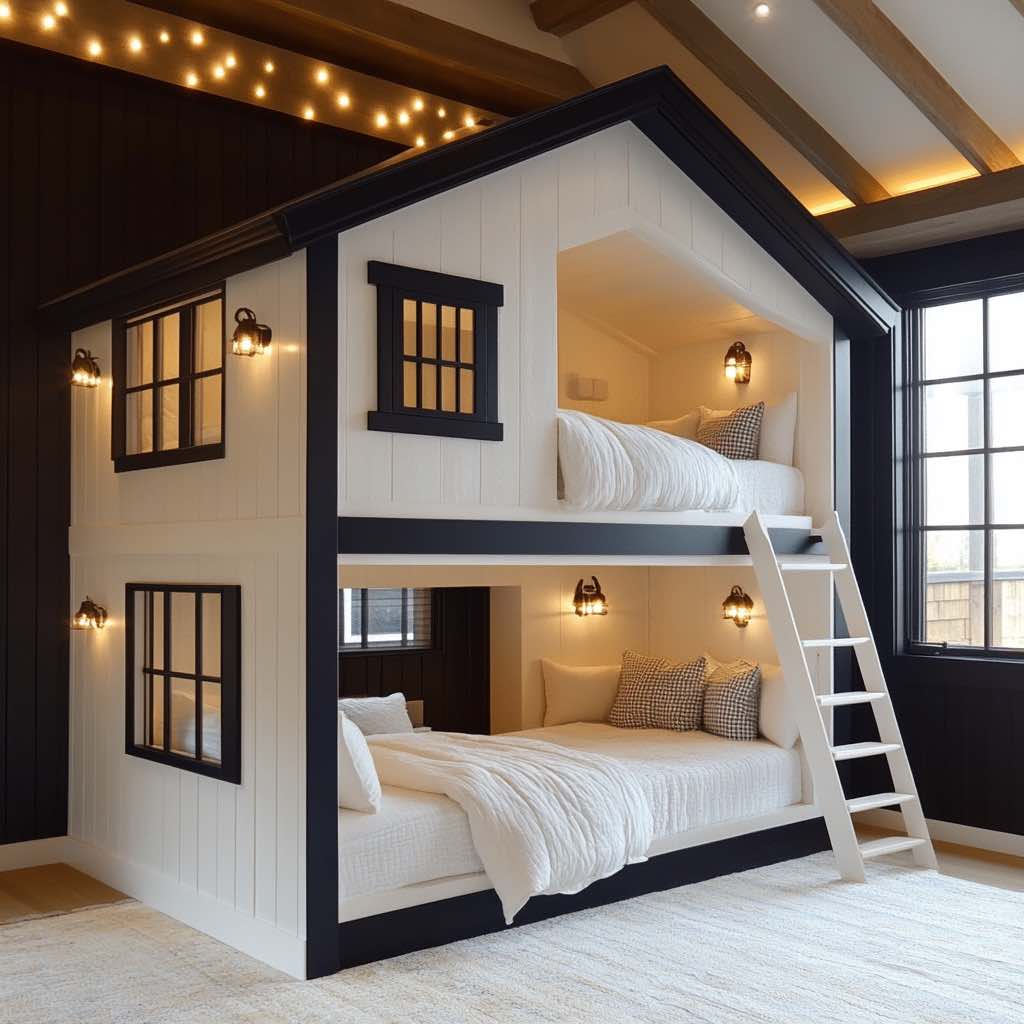  A sleek black and white bunk bed with rustic lighting, sturdy ladders, and a stylish barn-style design.