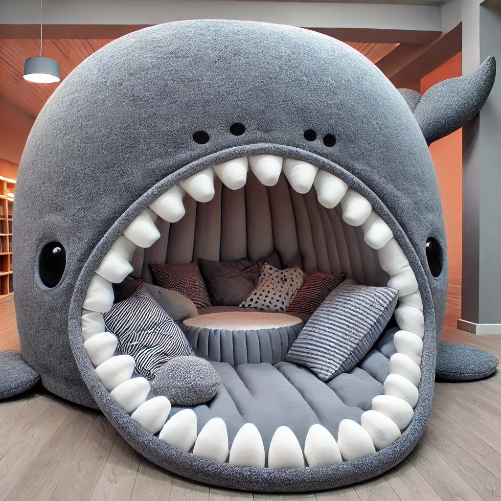 A sleek grey whale-inspired sofa with neutral-toned cushions, blending modern design with playful aesthetics.