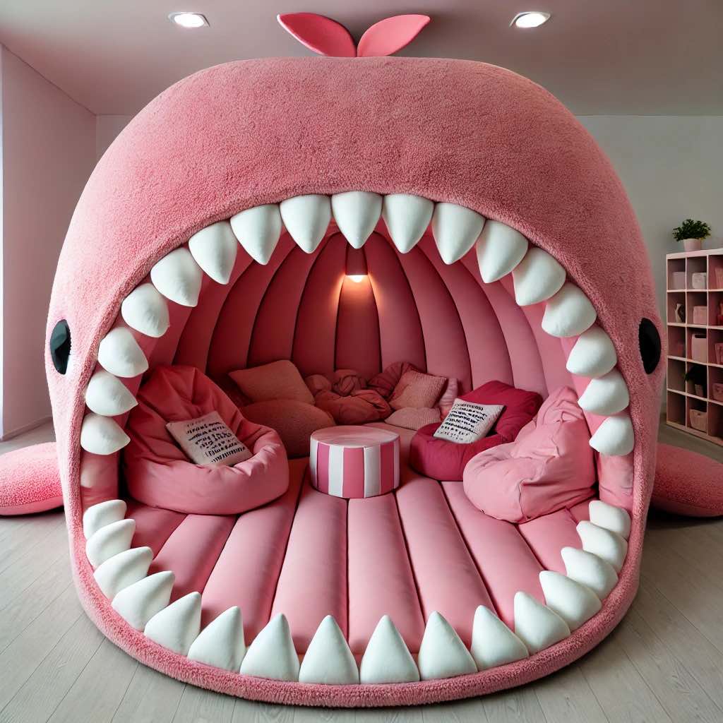 A pastel pink whale mouth sofa with bean bags and striped ottoman, offering ultimate comfort and style.