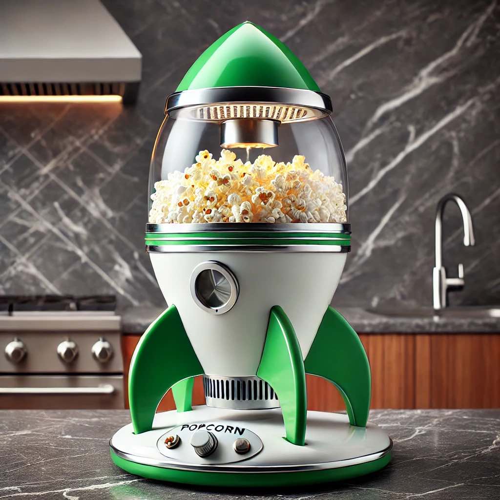 A sleek green and white rocket popcorn maker on a marble kitchen counter, popping fresh popcorn