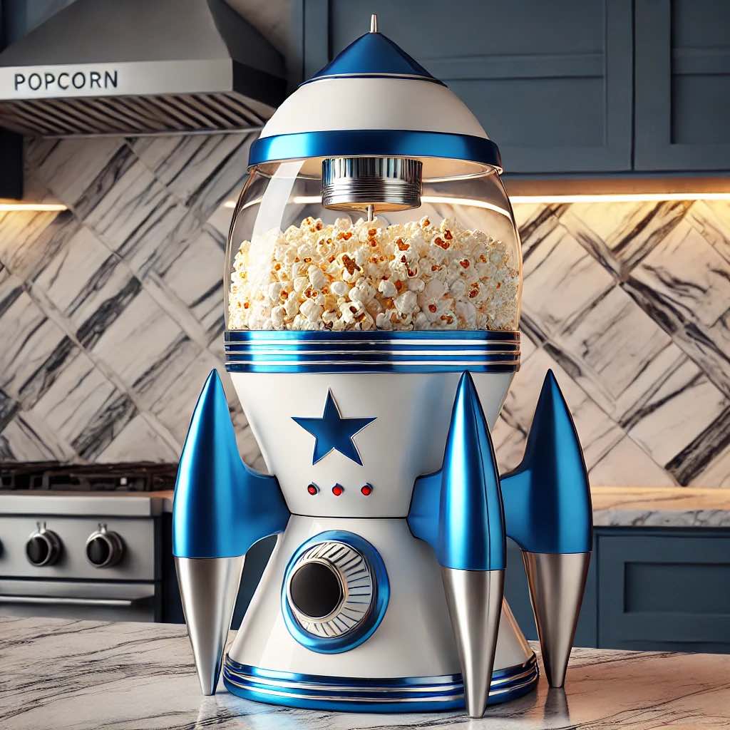 A blue and silver rocket-shaped popcorn maker filled with popcorn, placed on a kitchen counter