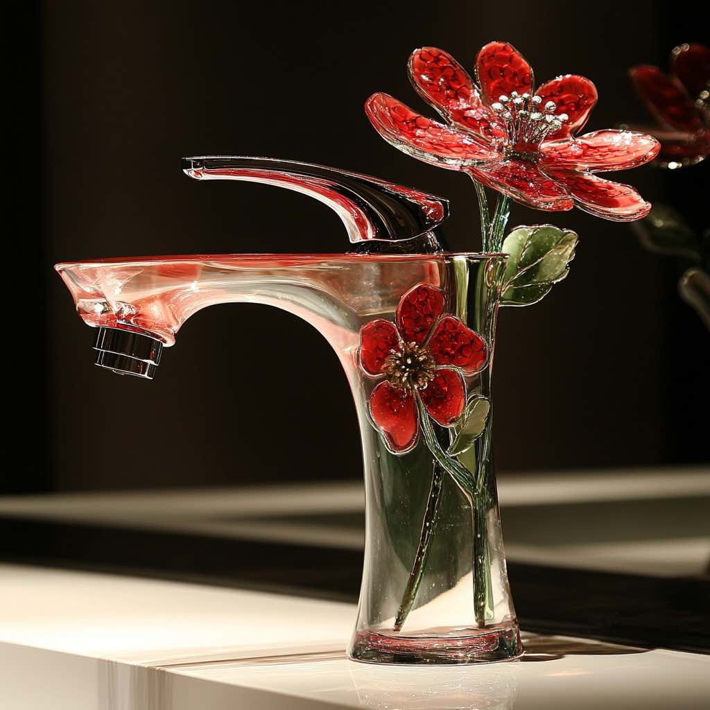 A transparent glass faucet adorned with red flowers and green leaves, bringing a striking floral design to a modern bathroom.