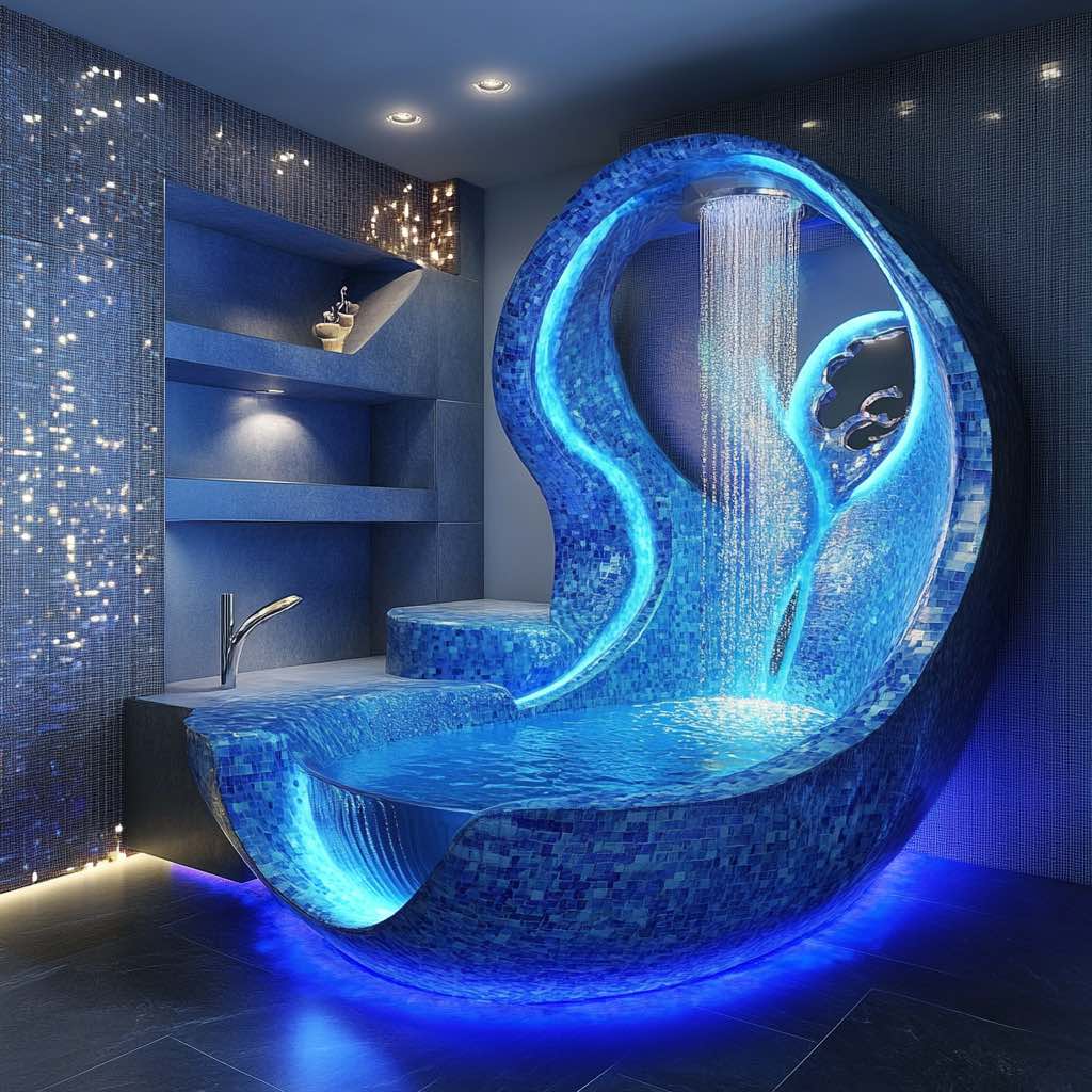 Luxurious LED Bathtubs: A high-tech bathtub with a cascading waterfall feature and blue LED illumination in a modern setting.