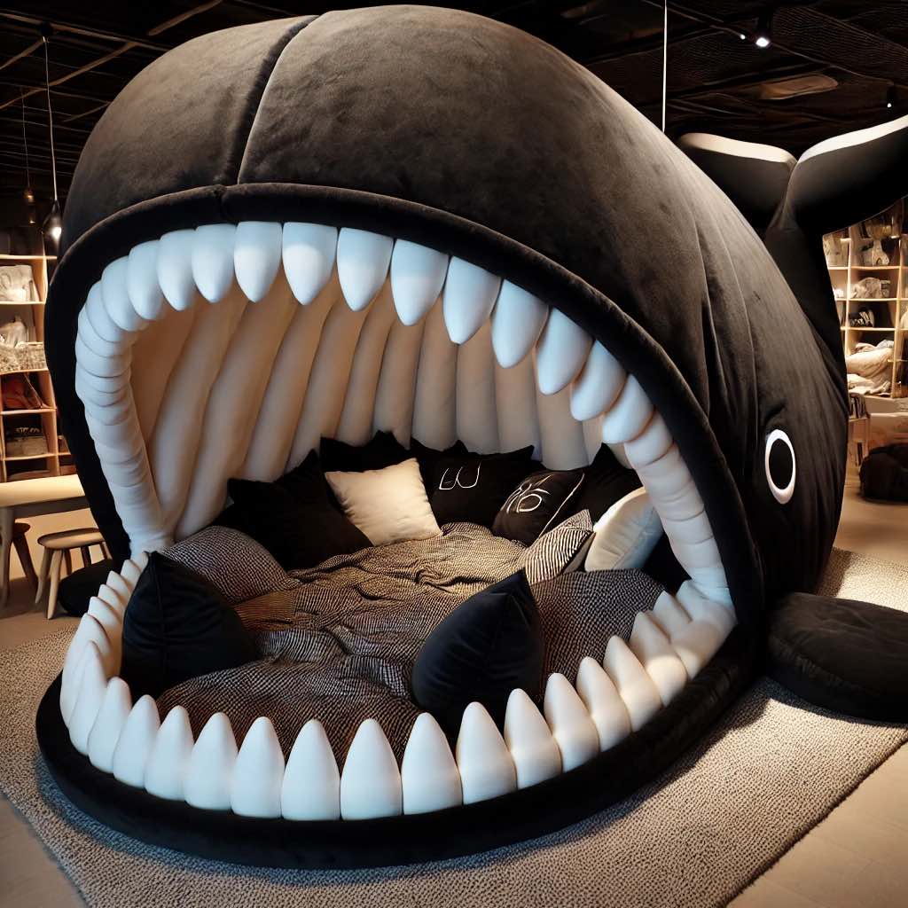 A striking black whale mouth bed sofa with contrasting white teeth, creating a dramatic yet cosy statement piece