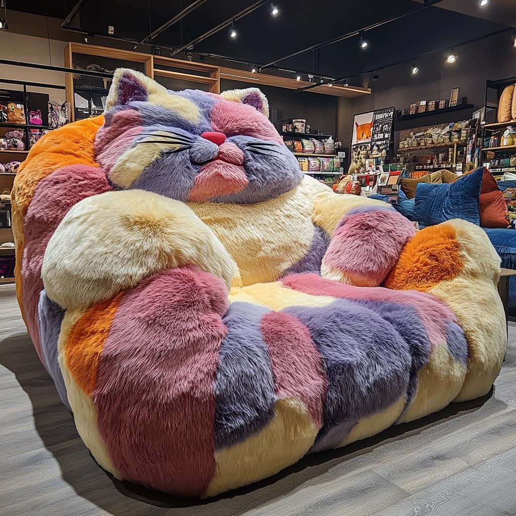 A large pastel-coloured plush cat-shaped sofa in a stylish home decor store, featuring soft faux fur and oversized comfort.