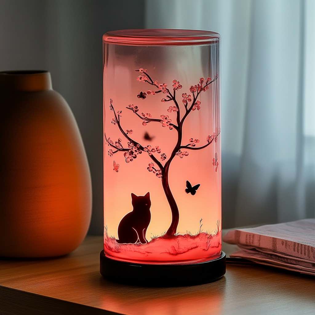 A delicate pink-hued lamp featuring a cat silhouette under a blooming cherry blossom tree.