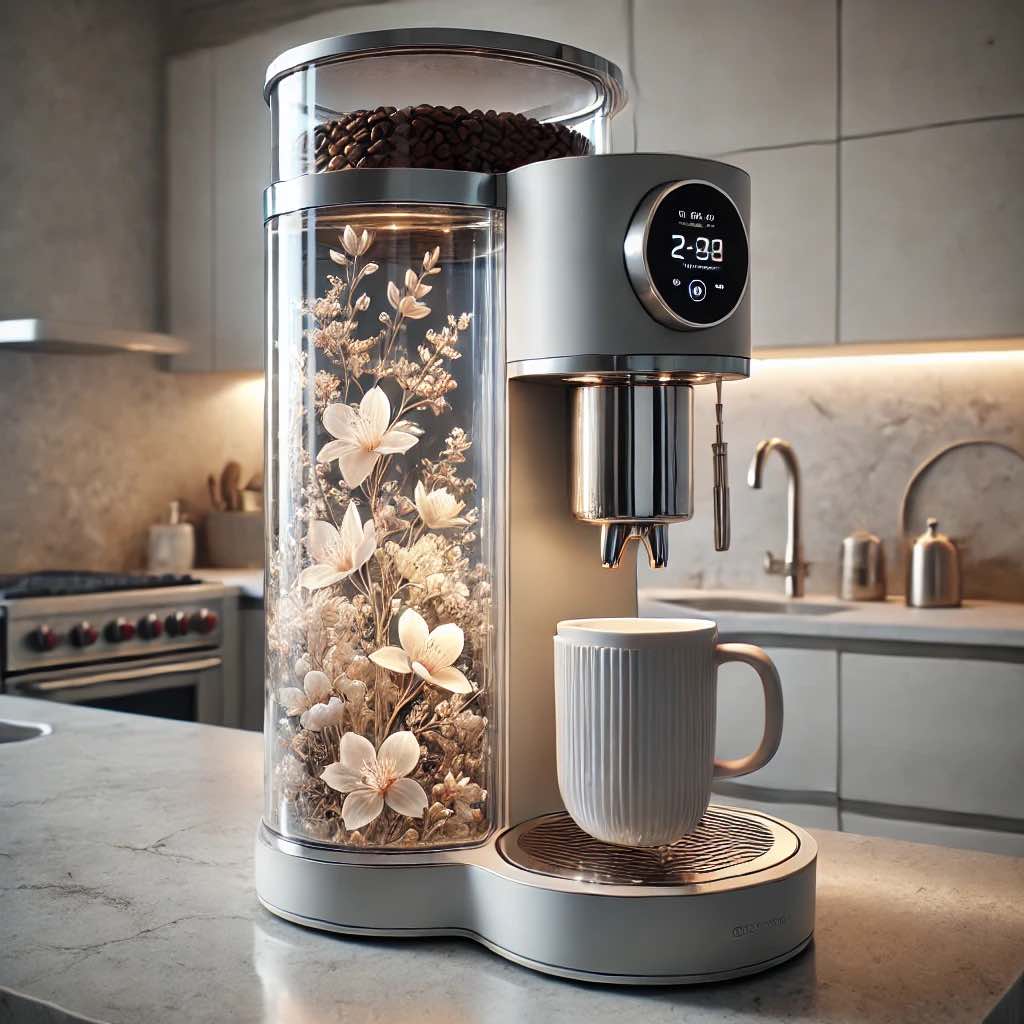 A sophisticated coffee maker with a semi-transparent floral design in white and gold hues