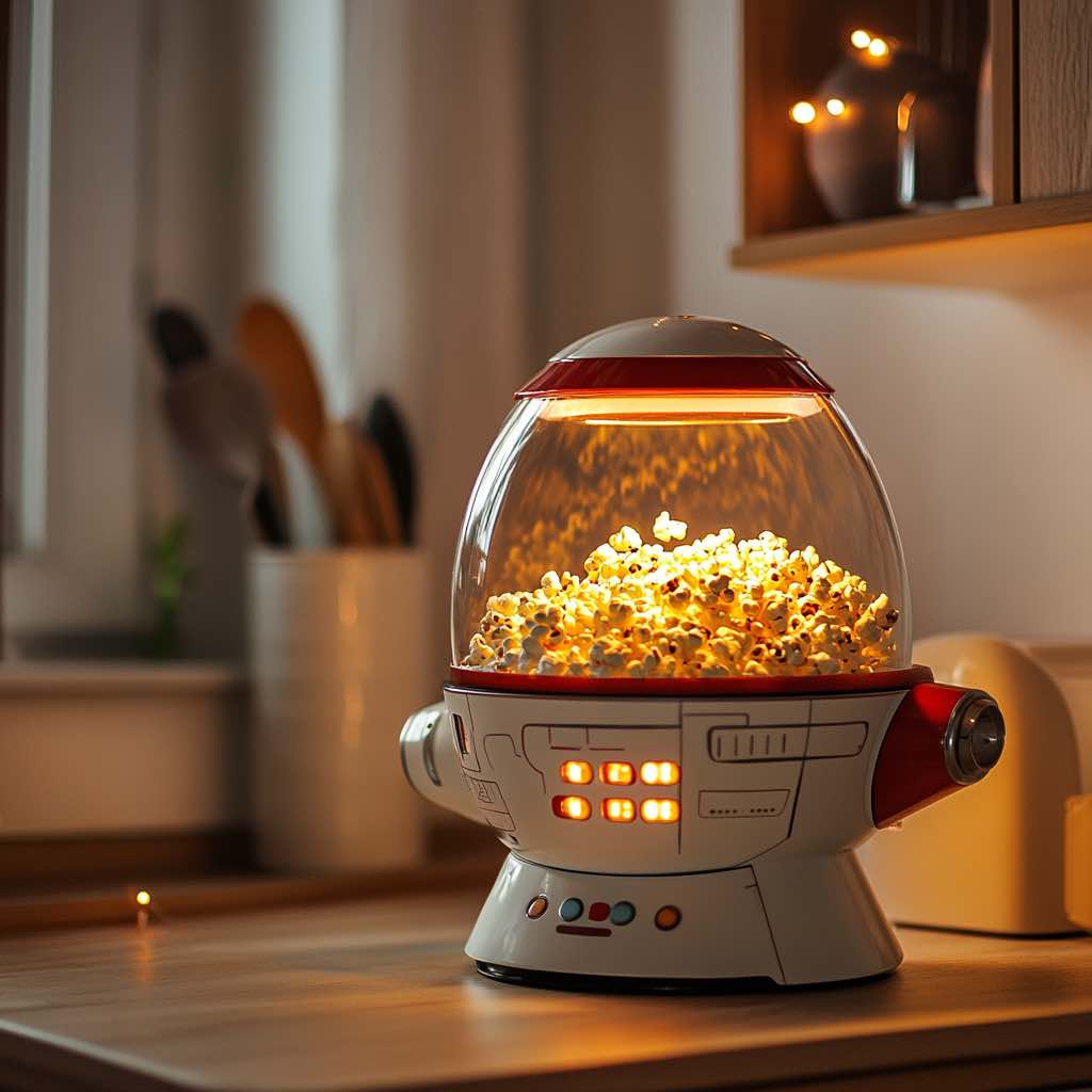 A futuristic UFO-style popcorn maker with a transparent dome, filled with freshly popped popcorn in a sci-fi-themed kitchen