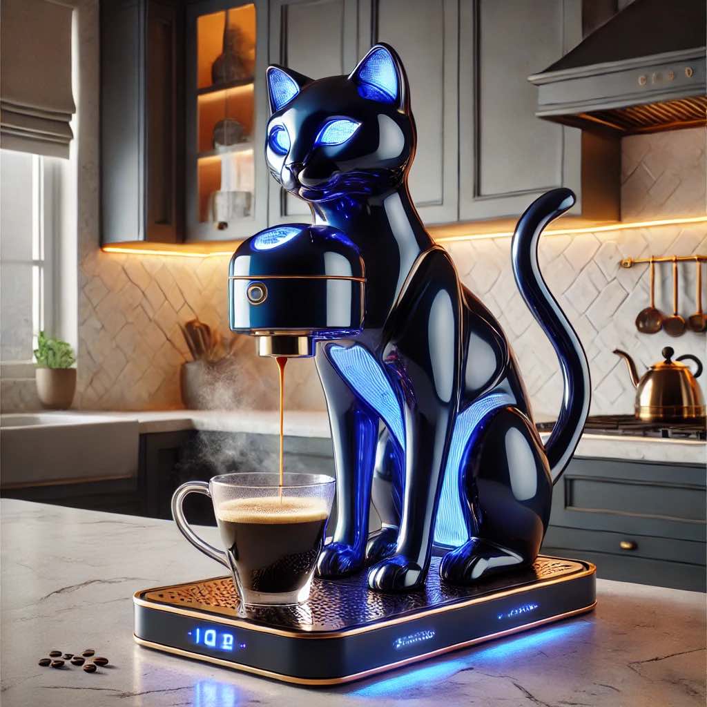 A futuristic blue cat coffee machine with illuminated control buttons brewing coffee.